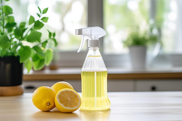 Foto bottiglia di detergente a base di limone fatto in casa con un ugello di spruzzo collegato per una pulizia facile ed ecologica