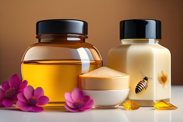 A bottle of honey cream next to a jar of honey