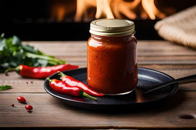 A bottle of hot sauce on a table and chili peppers around it