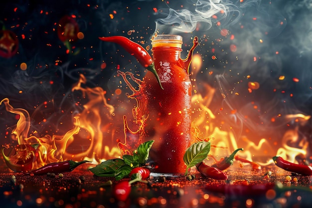 A bottle of hot sauce with flames and chili peppers around it AI generated