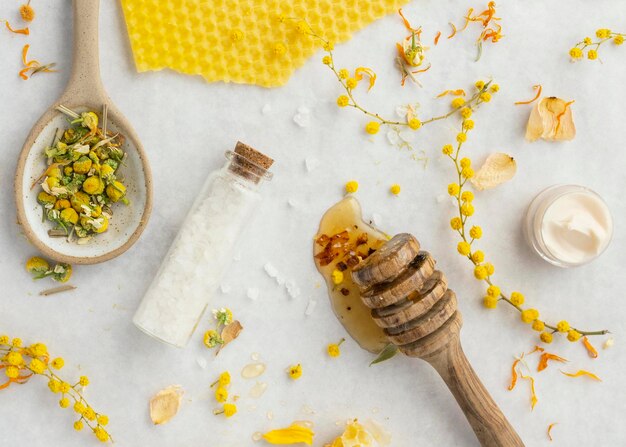 Photo bottle and ingredients arrangement above view