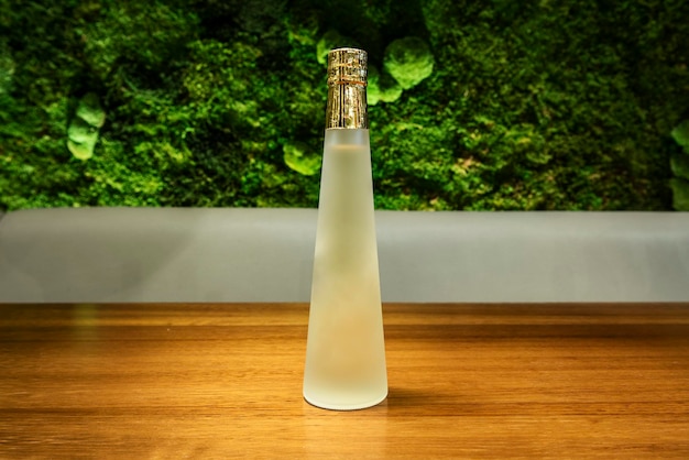 A bottle of japanese sake on wooden table