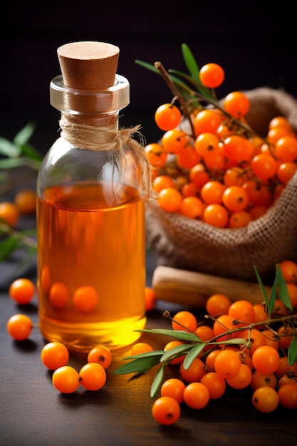 Photo bottle jar with sea buckthorn essential oil extract