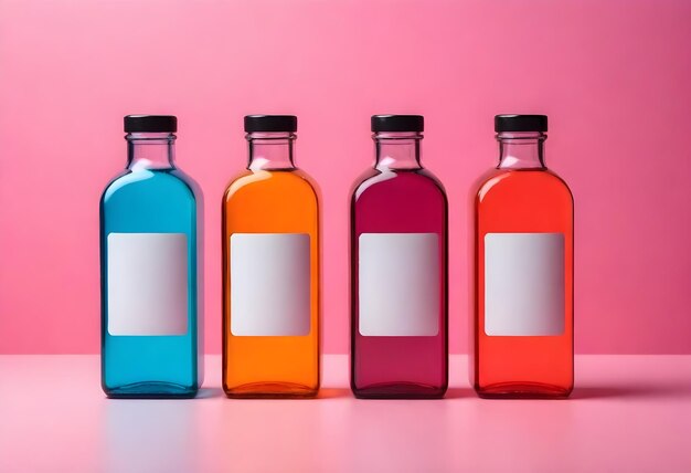 Photo bottle juice chemistry material drug colorful mockup in front of stage empty white label