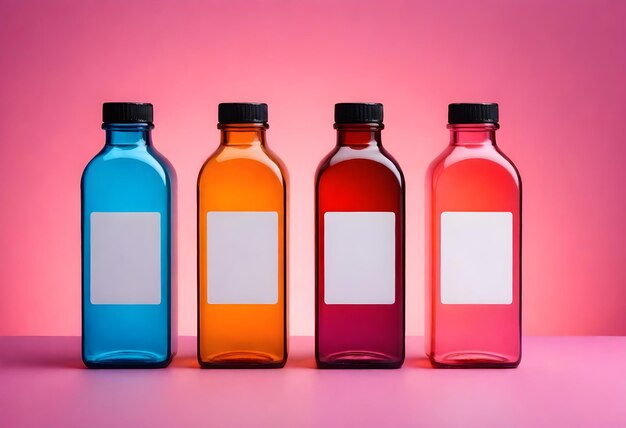 Photo bottle juice chemistry material drug colorful mockup in front of stage empty white label