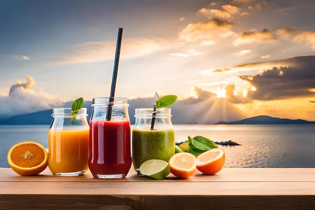 a bottle of juice with a straw in the background