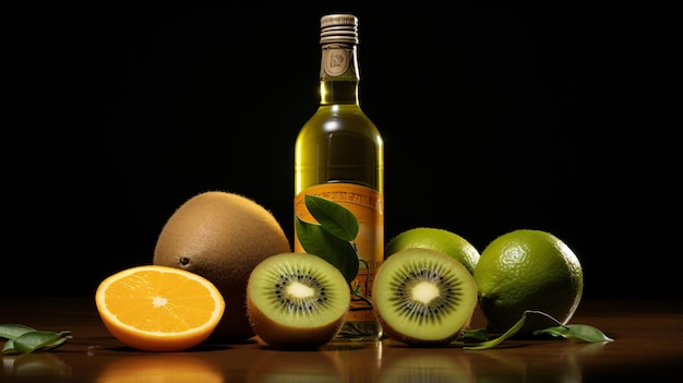 A bottle of kiwi is next to some oranges