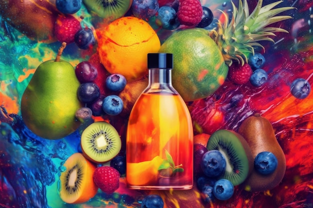 Bottle of kiwi juice with fruits on colorful background Generative AI