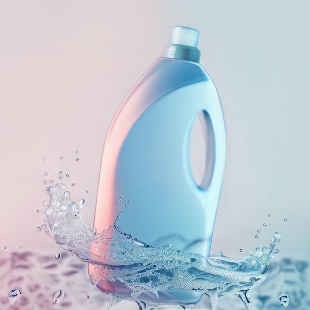 A bottle of laundry detergent splashing into the water with bubbles