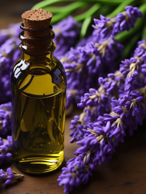 A bottle of lavender essential oil is next to a small group of lavender flowers