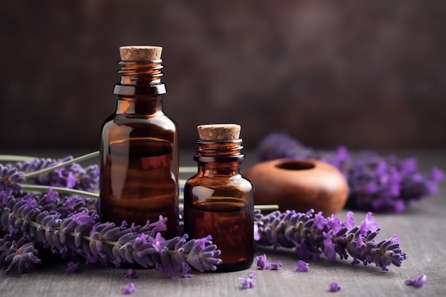 Una bottiglia di olio essenziale di lavanda con uno sfondo di legno.