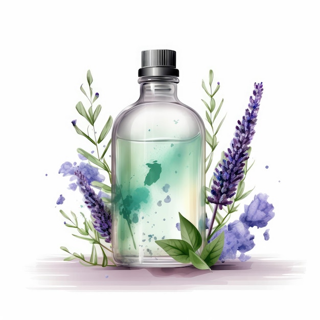 A bottle of lavender with a green liquid in it and a green plant in the bottom.