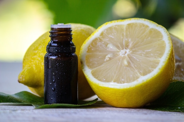 A bottle of lemon essential oil is an alternative medicine.