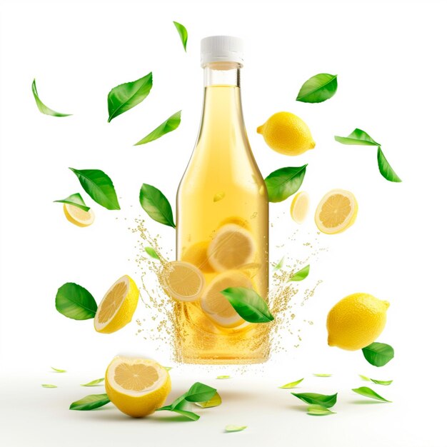 Bottle of lemon juice with leaves and lemon around