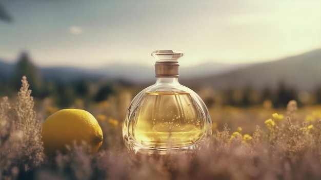 A bottle of lemon perfume with a lemon in the background