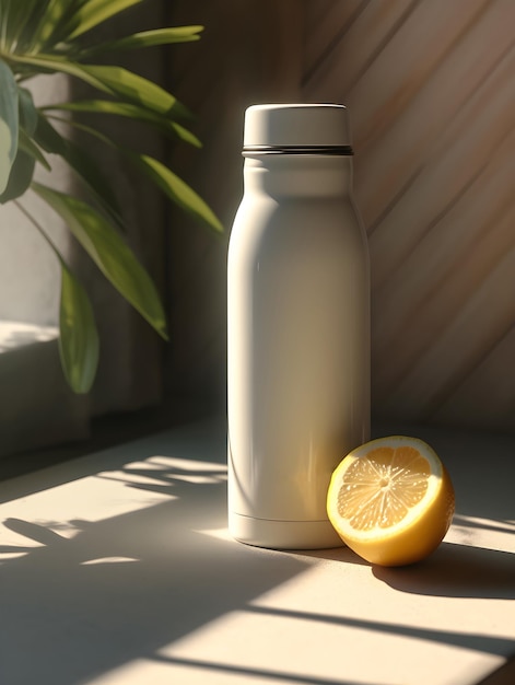 A bottle of lemon water sits on a table in front of a window.