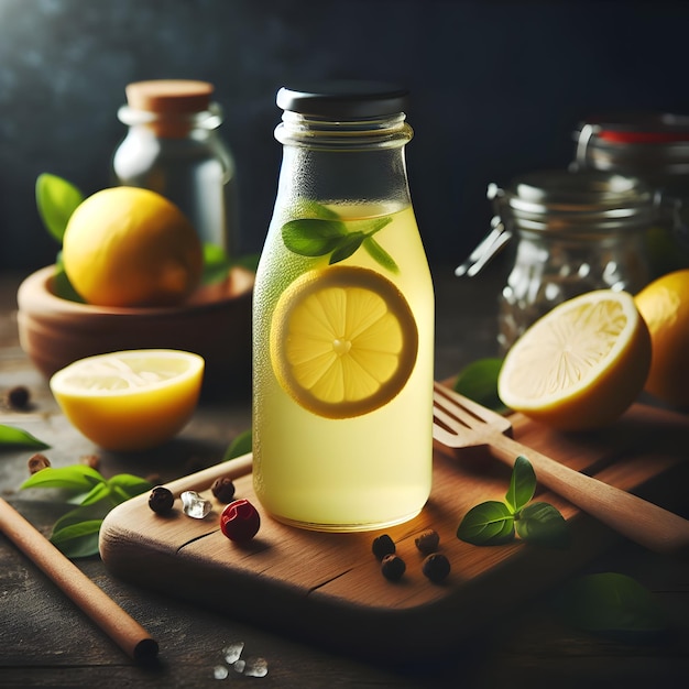 Photo a bottle of lemonade sits on a wooden cutting board with other jars and bottles of lemons