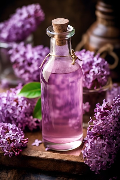 Photo a bottle of lilac with a green leaf on the top