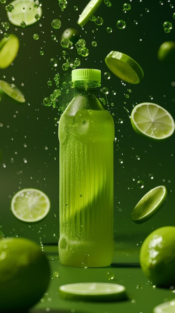 Bottle of Limeade Surrounded by Limes Generative AI