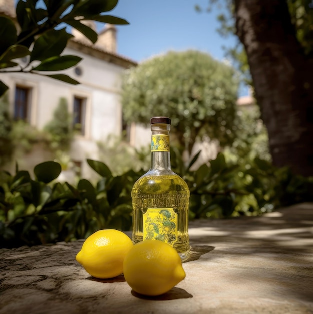 Bottle of limoncello in a courtyard