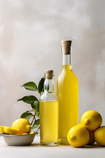 Photo a bottle of limoncello and lemon on light rustic background lemon liqueur