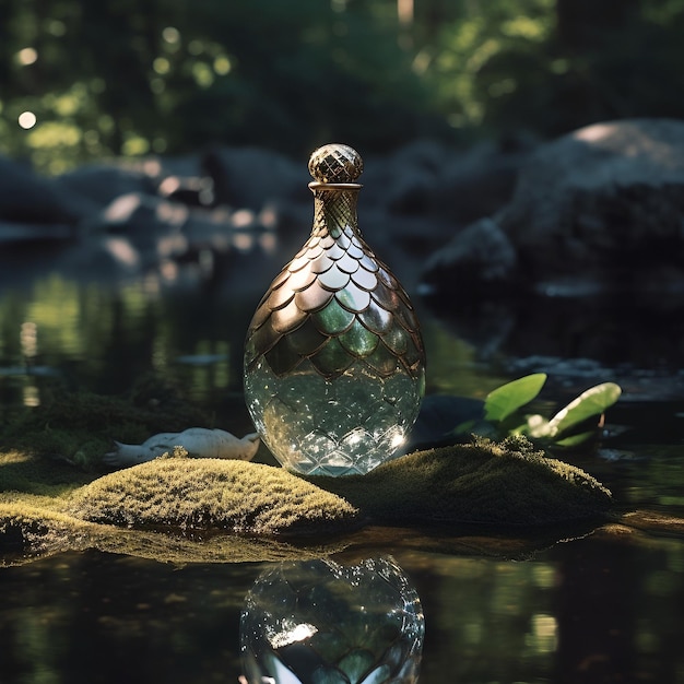 A bottle of liqueur sits on a rock in a river.