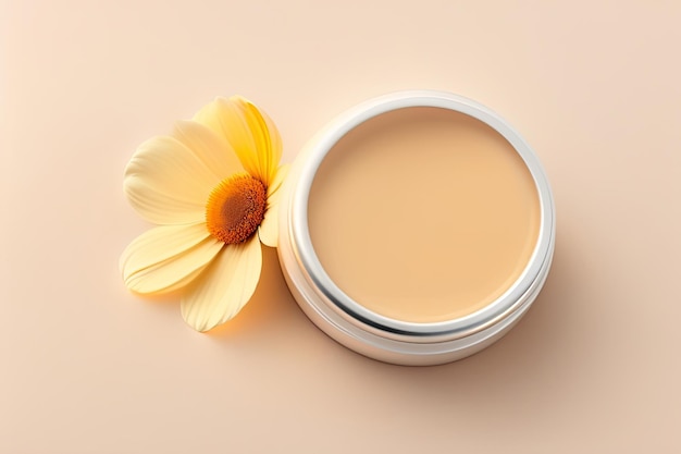 A bottle of liquid face cream with a yellow flower on the side