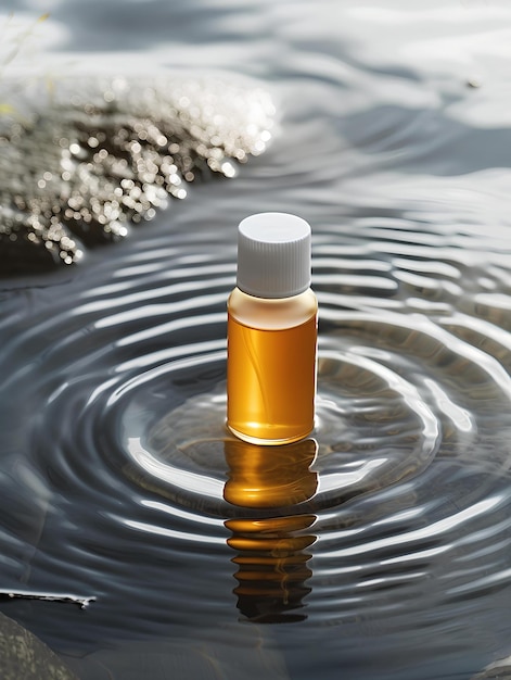 A bottle of liquid floating on top of a body of water with ripples on the water surface and a small