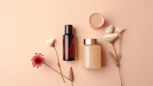 A bottle of liquid foundation sits next to a flower on a pink background.