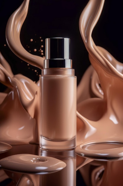 A bottle of liquid foundation with a splash of milk behind it