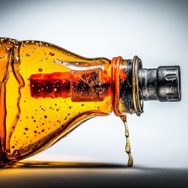 A bottle of liquid is spilled on a white background