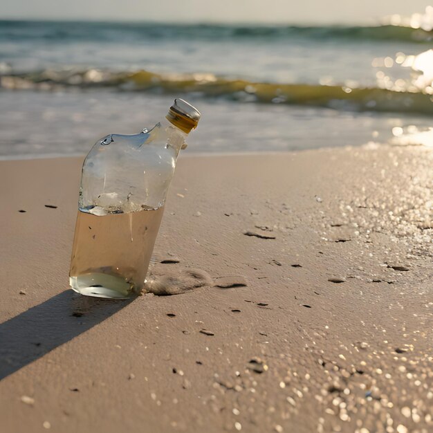 Photo a bottle of liquid sits on the sand at the beach