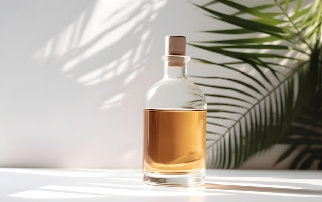 A bottle of liquid sits on a white table next to a palm leaf