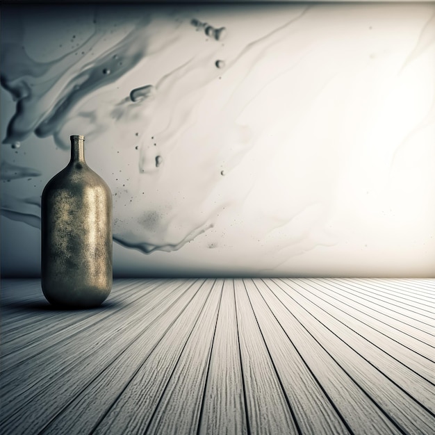 A bottle of liquid sits on a wooden floor in a room with a light background.