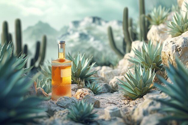 Photo a bottle of liquid sitting on top of a rocky hill