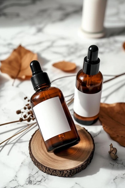 a bottle of liquid sitting on top of a wooden slice