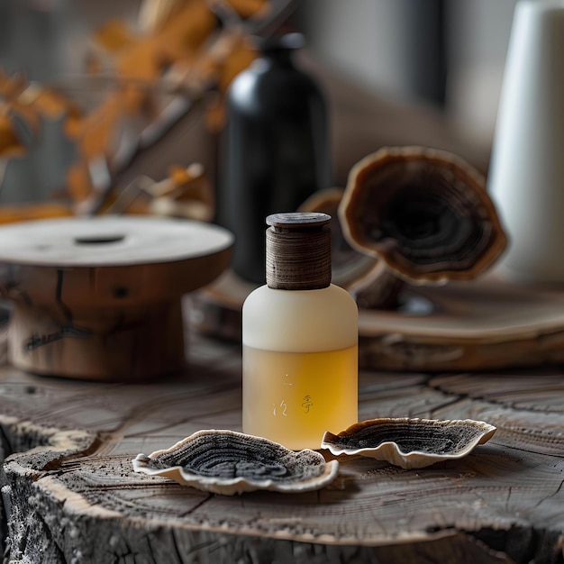 A bottle of liquid sitting on top of a wooden table next to a vase and a tree stump with a few other