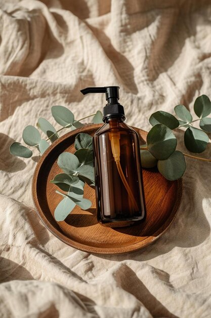 a bottle of liquid sitting on a wooden plate