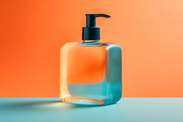 A bottle of liquid soap with a blue top and a clear pump on a blue background.