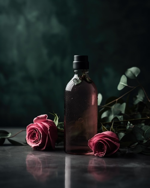 A bottle of liquid with a bunch of roses next to it.