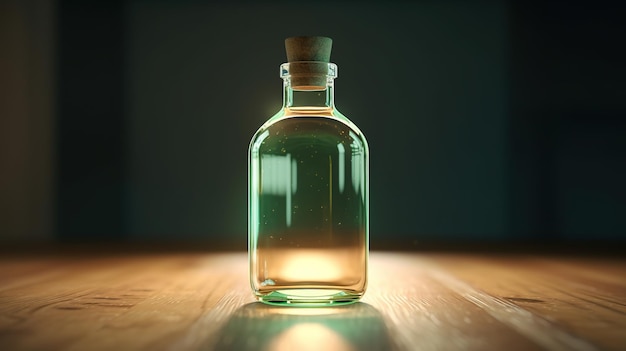 A bottle of liquid with a green cap on a wooden table.