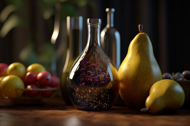 A bottle of liquid with a pear on the bottom