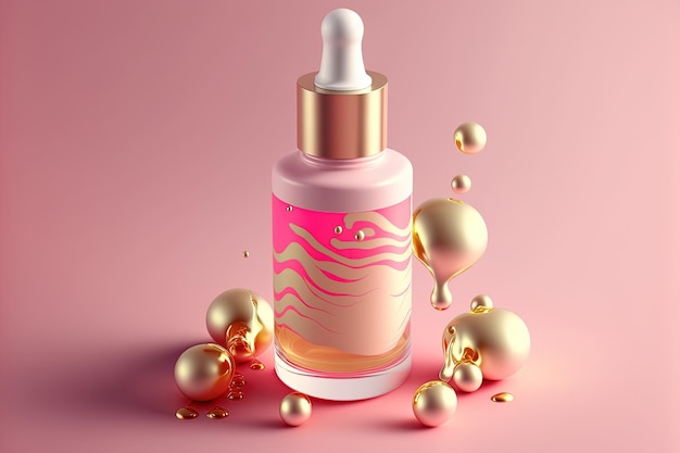 A bottle of liquid with a pink background generative AI