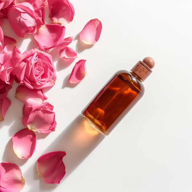 A bottle of liquid with pink roses on the table.