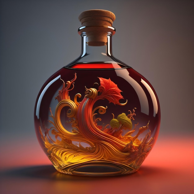 A bottle of liquid with a red dragon on the bottom.