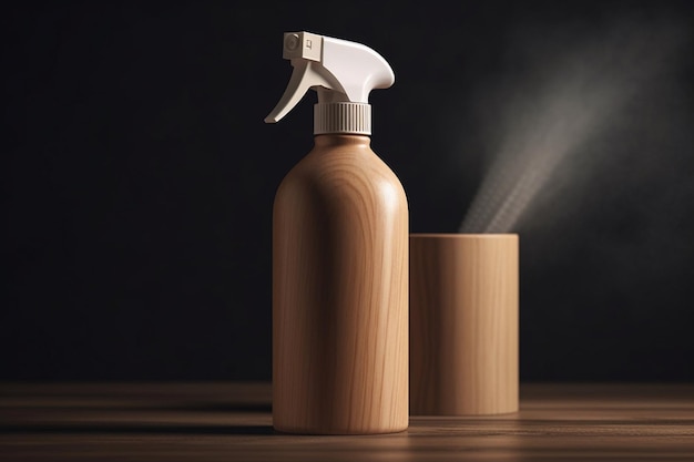 A bottle of liquid with a white sprayer on a wooden table.