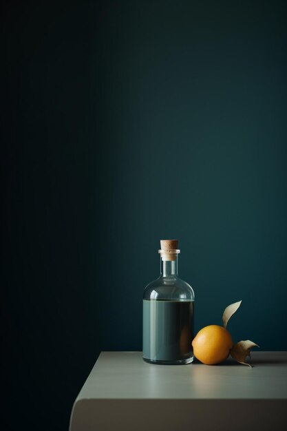 나무 뚜껑이 달린 액체 한 병이 오렌지 옆 테이블에 놓여 있습니다.