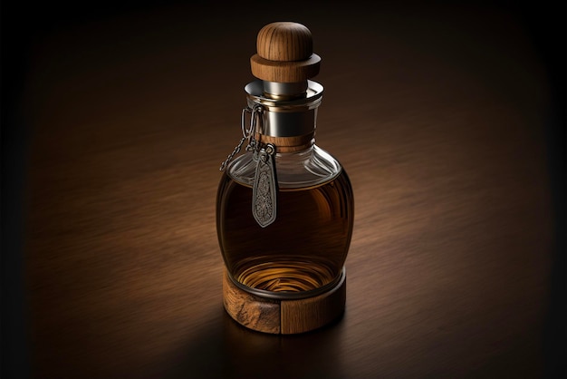 Bottle of liquor sitting on top of a wooden table