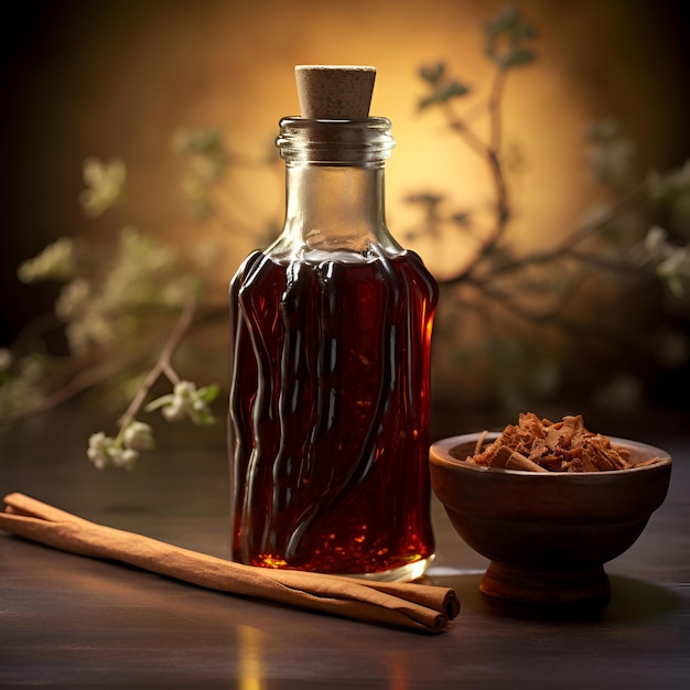 Photo bottle of liquorice syrup on a brown backgroundhealthy ingredient