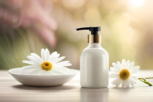 A bottle of lotion next to a bowl of daisies.